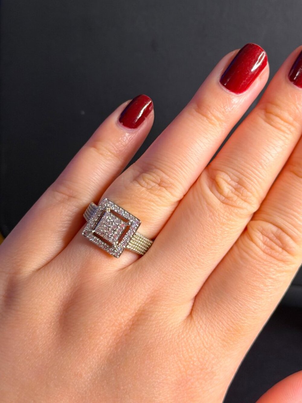 Bold Silver Square Pavé Ring w/ Textured Wide Band Statement Ring